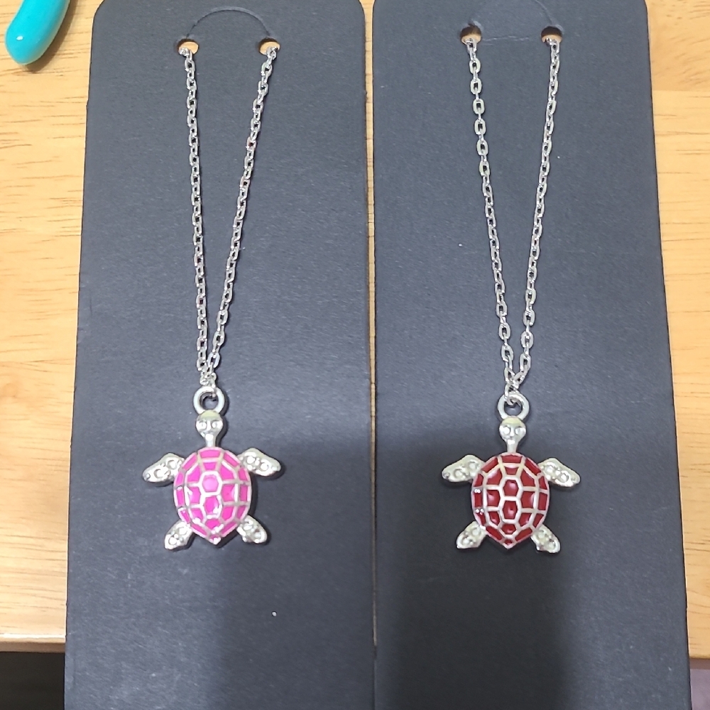 3/$10 Silver Turtle Pendant Necklace with Pink Or Red Accents